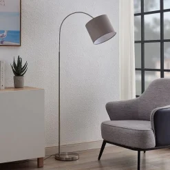 Gang|Pendellamper ^ Lindby gulvlampe Keriba, nikkel/taupe, stof, 150 cm, E27