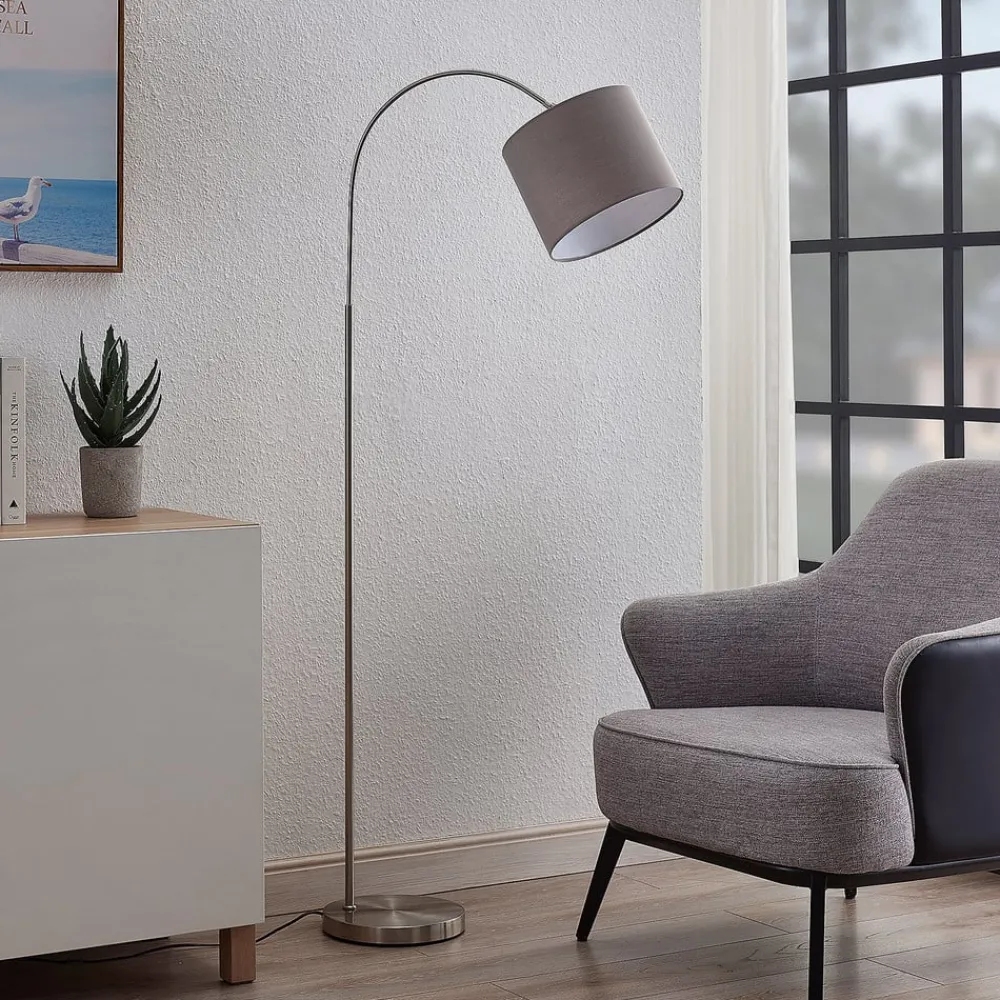 Gang|Pendellamper ^ Lindby gulvlampe Keriba, nikkel/taupe, stof, 150 cm, E27