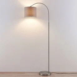 Gang|Pendellamper ^ Lindby gulvlampe Keriba, nikkel/taupe, stof, 150 cm, E27