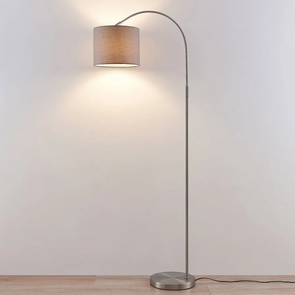 Gang|Pendellamper ^ Lindby gulvlampe Keriba, nikkel/taupe, stof, 150 cm, E27