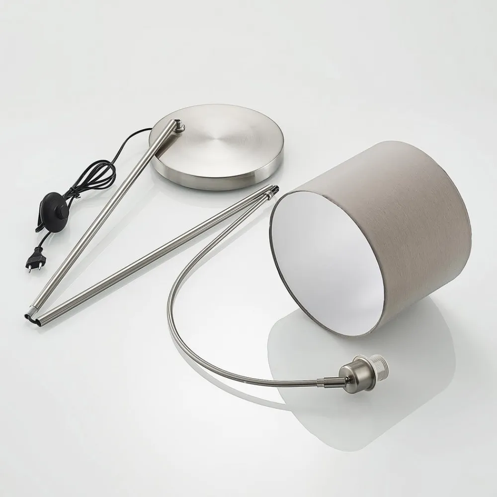Gang|Pendellamper ^ Lindby gulvlampe Keriba, nikkel/taupe, stof, 150 cm, E27