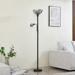 Lindby Gulvlamper > gulvlampe Nehemia, sort, glas, læselampe, 185 cm