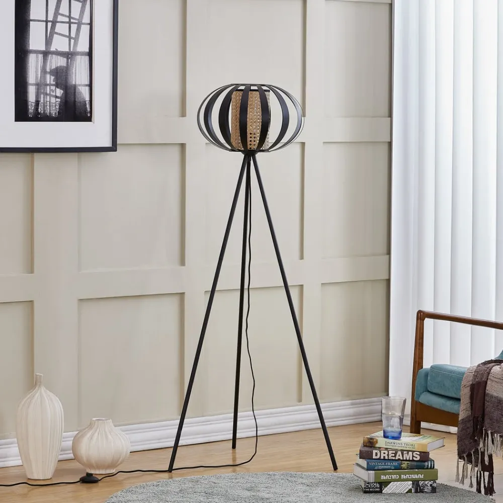 Lindby Gulvlamper|Gulvlamper > gulvlampe Tamira, sort, rattan, 143 cm høj, E27