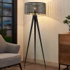 Gang|Gulvlamper ^ Lindby gulvlampe Thoralf, trefod, sort, tekstil, Ø50cm