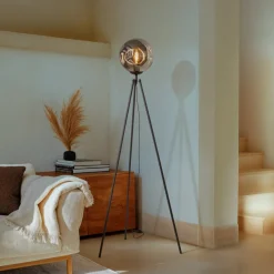 Lindby Gulvlamper|Gulvlamper > gulvlampe Valentina, E27, røggrå, glas, 150 cm