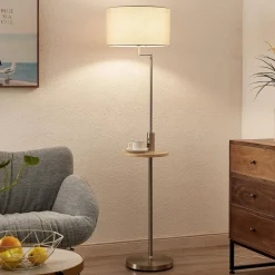 Gang|Pendellamper ^ Lindby gulvlampe Zinia, nikkelfarvet, hylde, USB-tilslutning
