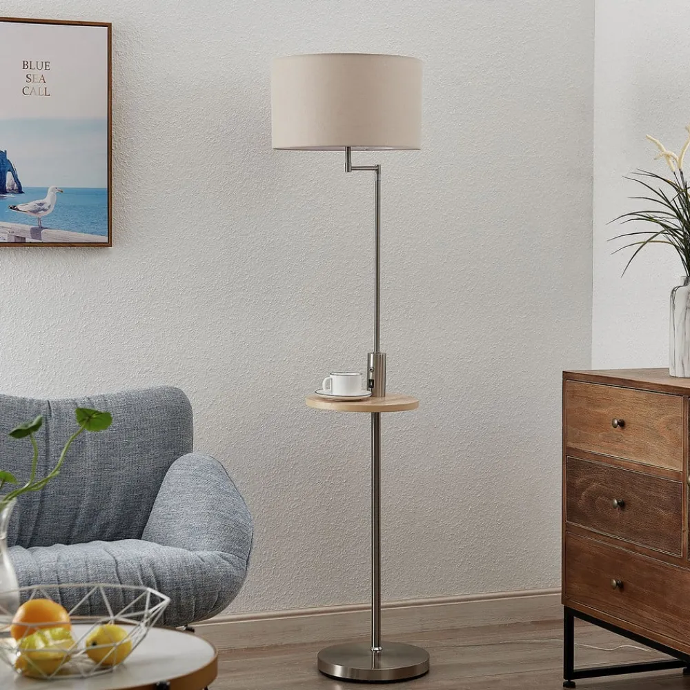 Gang|Pendellamper ^ Lindby gulvlampe Zinia, nikkelfarvet, hylde, USB-tilslutning