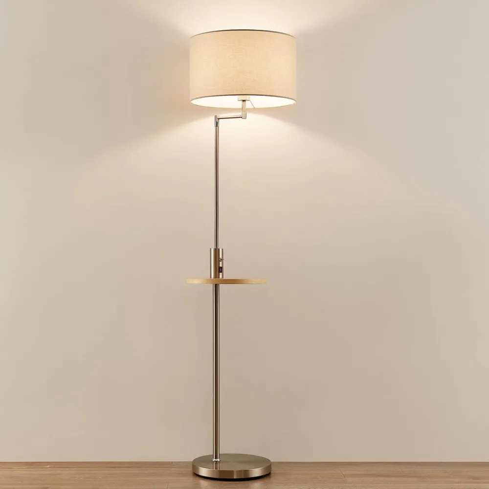 Gang|Pendellamper ^ Lindby gulvlampe Zinia, nikkelfarvet, hylde, USB-tilslutning