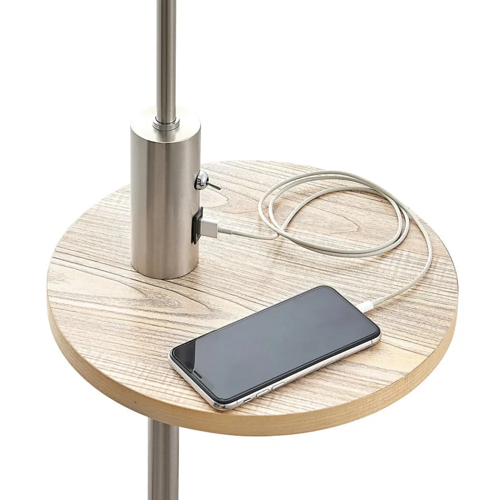 Gang|Pendellamper ^ Lindby gulvlampe Zinia, nikkelfarvet, hylde, USB-tilslutning