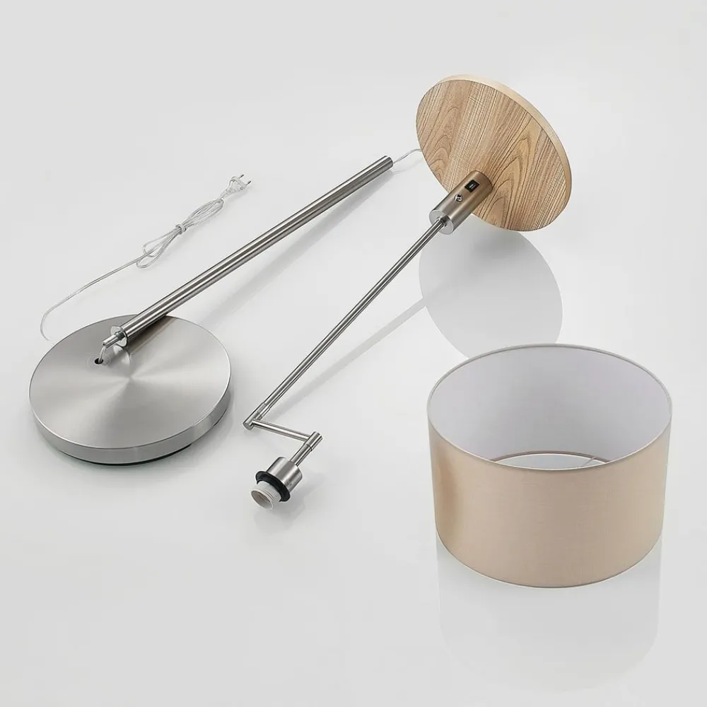 Gang|Pendellamper ^ Lindby gulvlampe Zinia, nikkelfarvet, hylde, USB-tilslutning