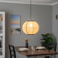 Pendellamper ^ Lindby hængelampe Aurinil, træfarvet, hør, Ø 48cm, E27