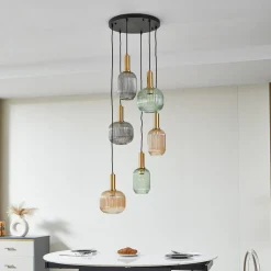 Lindby Pendellamper > hængelampe Doroteo, 6 lyskilder, grøn/amber/grå, glas