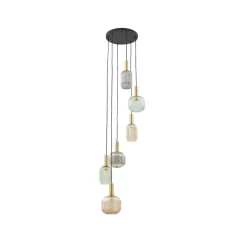 Lindby Pendellamper > hængelampe Doroteo, 6 lyskilder, grøn/amber/grå, glas