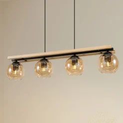 Lindby Pendellamper|Pendellamper > hængelampe Enrique, amber, 4 lyskilder, glas, træ, E27