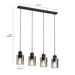 Pendellamper|Pendellamper ^ Lindby hængelampe Kourtney, 4 lyskilder, sort/grå, glas, E27