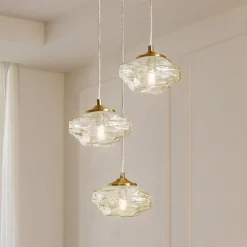 Pendellamper|Pendellamper ^ Lindby hængelampe Piatra, Ø25cm, 3 lyskilder, cognac/messing, glas