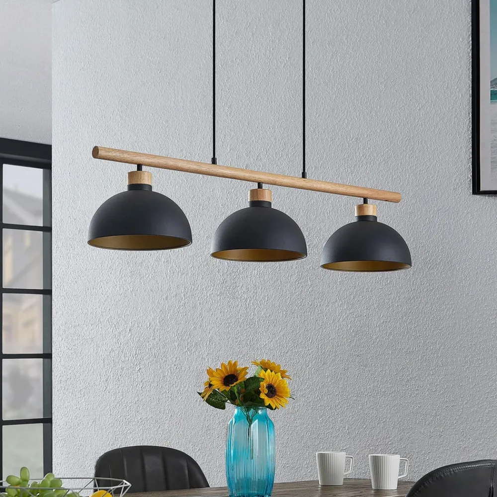 Lindby Pendellamper|Pendellamper > hængelampe Tirzana, 3 lyskilder, sort, metal, træ