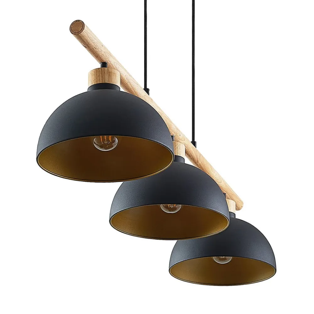 Lindby Pendellamper|Pendellamper > hængelampe Tirzana, 3 lyskilder, sort, metal, træ