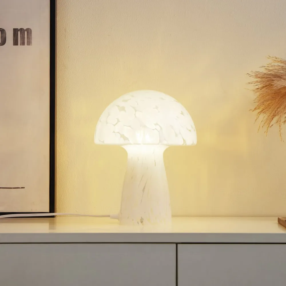 Lindby Bordlamper > Hubi bordlampe, hvid, glas, Ø 22 cm, svampeform