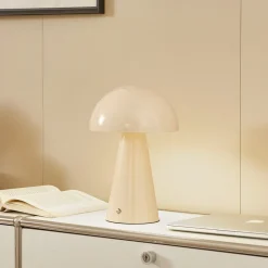Bordlamper ^ Lindby LED genopladelig bordlampe Nevijo, beige, Ø20cm, USB, dæmper