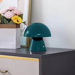 Bordlamper ^ Lindby LED genopladelig bordlampe Nevijo, petrol, Ø18cm, USB, dæmper