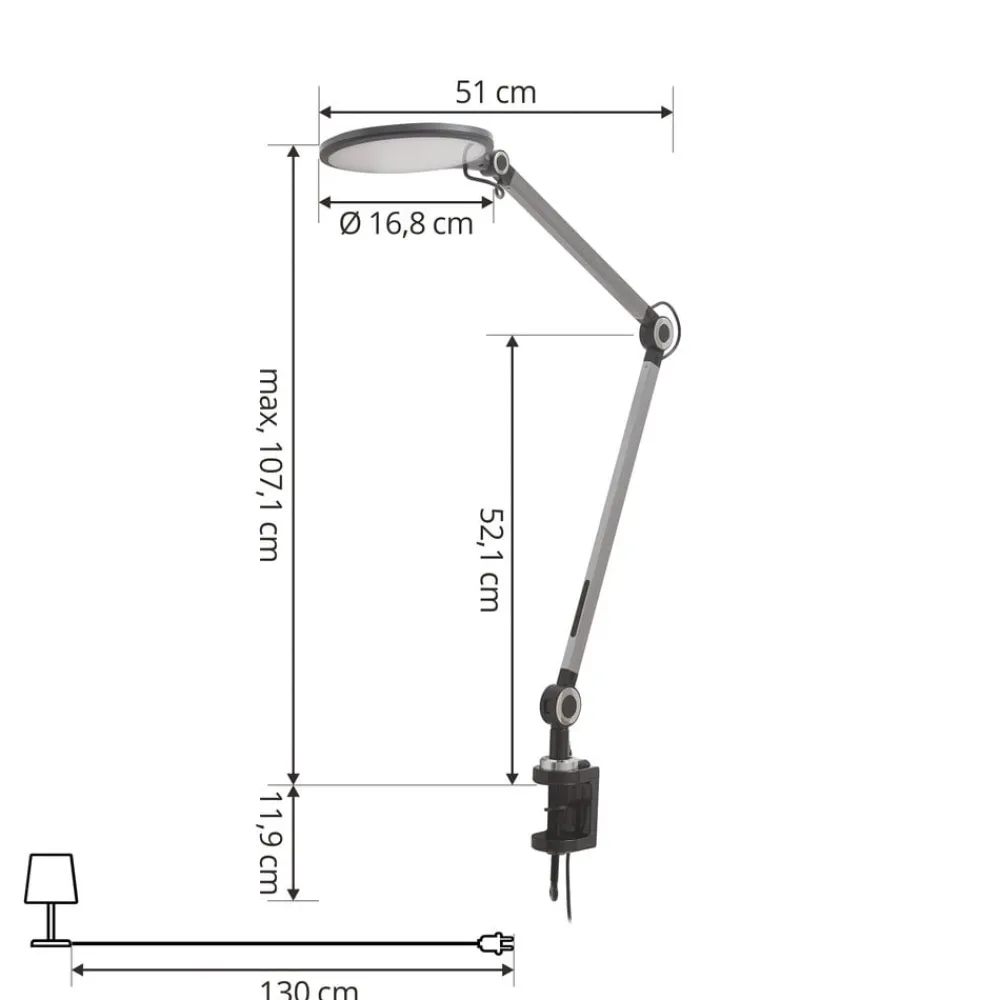 Arbejdsrum/Kontor|Bordlamper ^ Lindby LED-klemlampe Nyxaris, grå, metal, CCT, 52 cm