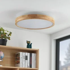 Gang|Loftlamper ^ Lindby LED-loftlampe Lanira, Ø 60 cm, træ, fjernbetjening, CCT