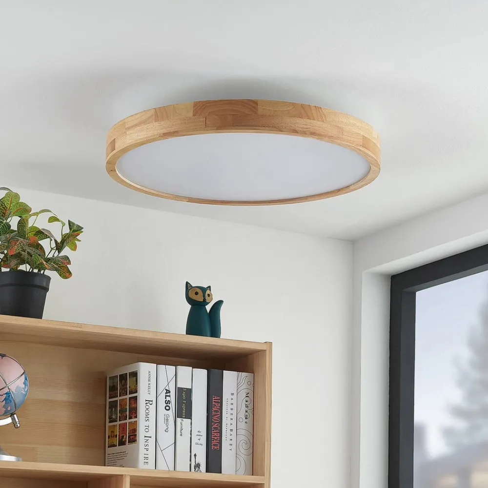 Gang|Loftlamper ^ Lindby LED-loftlampe Lanira, Ø 60 cm, træ, fjernbetjening, CCT