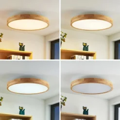 Gang|Loftlamper ^ Lindby LED-loftlampe Lanira, Ø 60 cm, træ, fjernbetjening, CCT