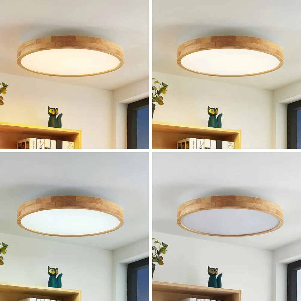 Gang|Loftlamper ^ Lindby LED-loftlampe Lanira, Ø 60 cm, træ, fjernbetjening, CCT
