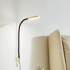 Væglamper|Væglamper ^ Lindby LED-læselampe Flexola, guld, rund, metal, stik
