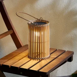Dekorationsbelysning|Solcellelamper ^ Lindby LED-solcellebordlampe Amaria, bambus, Ø 12 cm