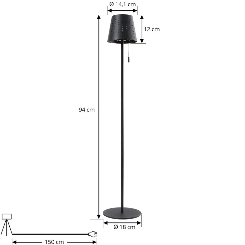 Solcellelamper ^ Lindby LED-solcellegulvlampe Hilario, sort, jern, genopladeligt batteri
