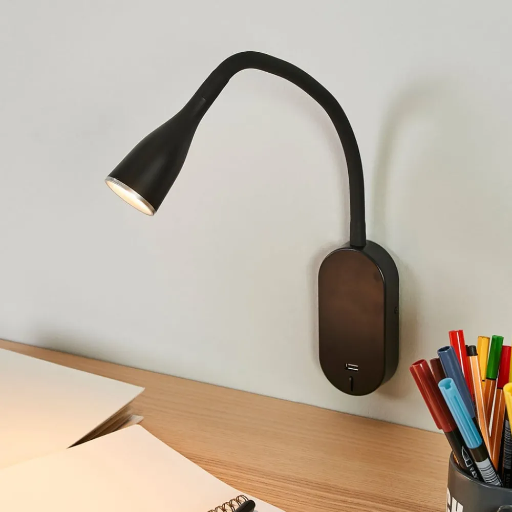 Lindby Væglamper|Væglamper > LED-væglampe Enna, 34 cm, sort, afbryder, USB