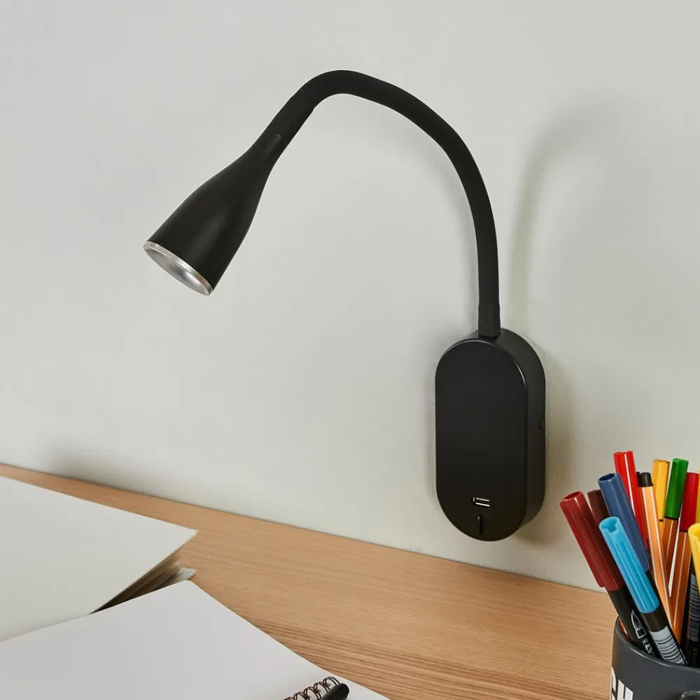 Lindby Væglamper|Væglamper > LED-væglampe Enna, 34 cm, sort, afbryder, USB