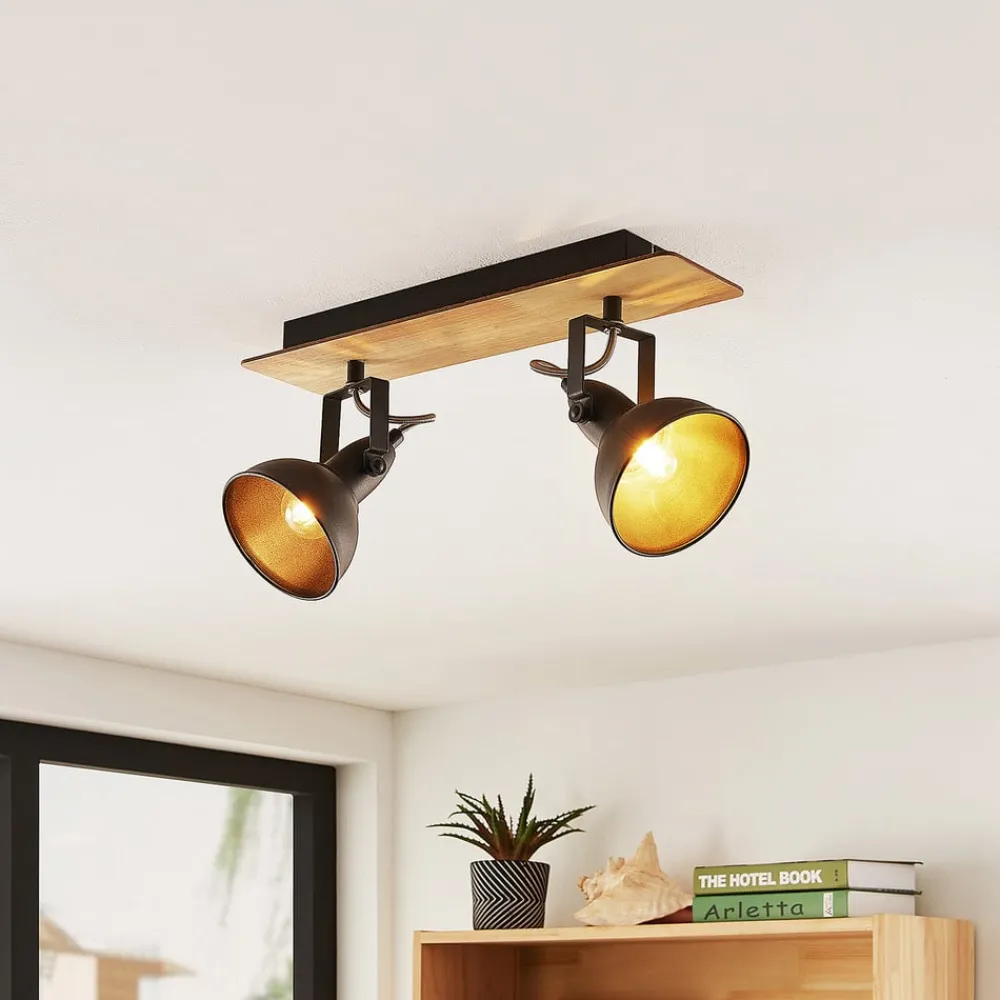 Gang|Loftlamper ^ Lindby loftlampe Aylis, 2 lyskilder, 40 cm, sort, træ, E14