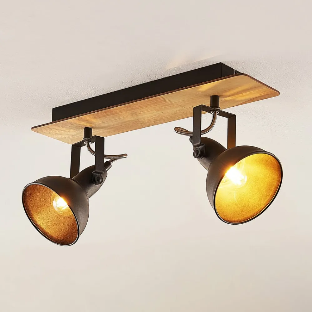 Gang|Loftlamper ^ Lindby loftlampe Aylis, 2 lyskilder, 40 cm, sort, træ, E14