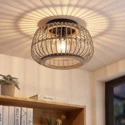 Loftlamper|Loftlamper ^ Lindby loftlampe Bominio, Ø 40 cm, rattan, træ, E27