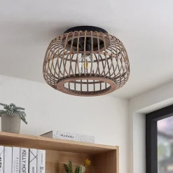 Loftlamper|Loftlamper ^ Lindby loftlampe Bominio, Ø 40 cm, rattan, træ, E27