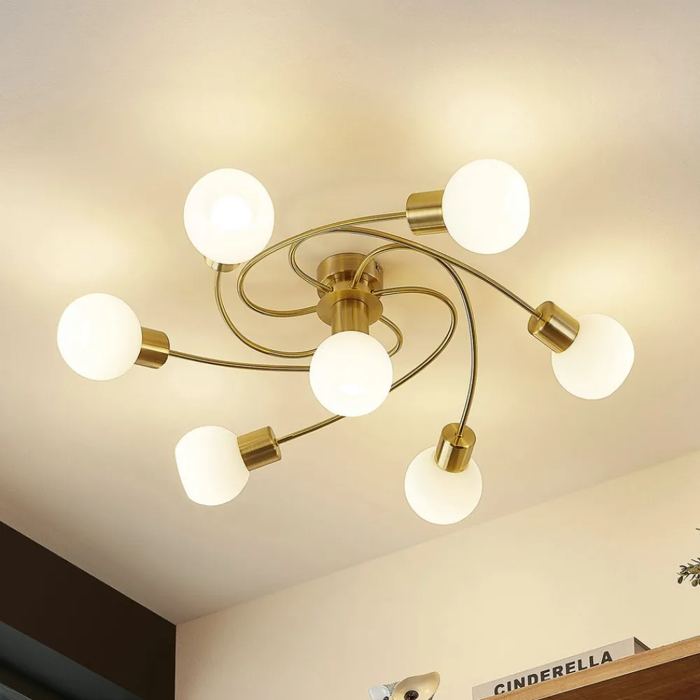 Gang|Loftlamper ^ Lindby loftlampe Ciala, 7 lyskilder, messingfarvet, glas