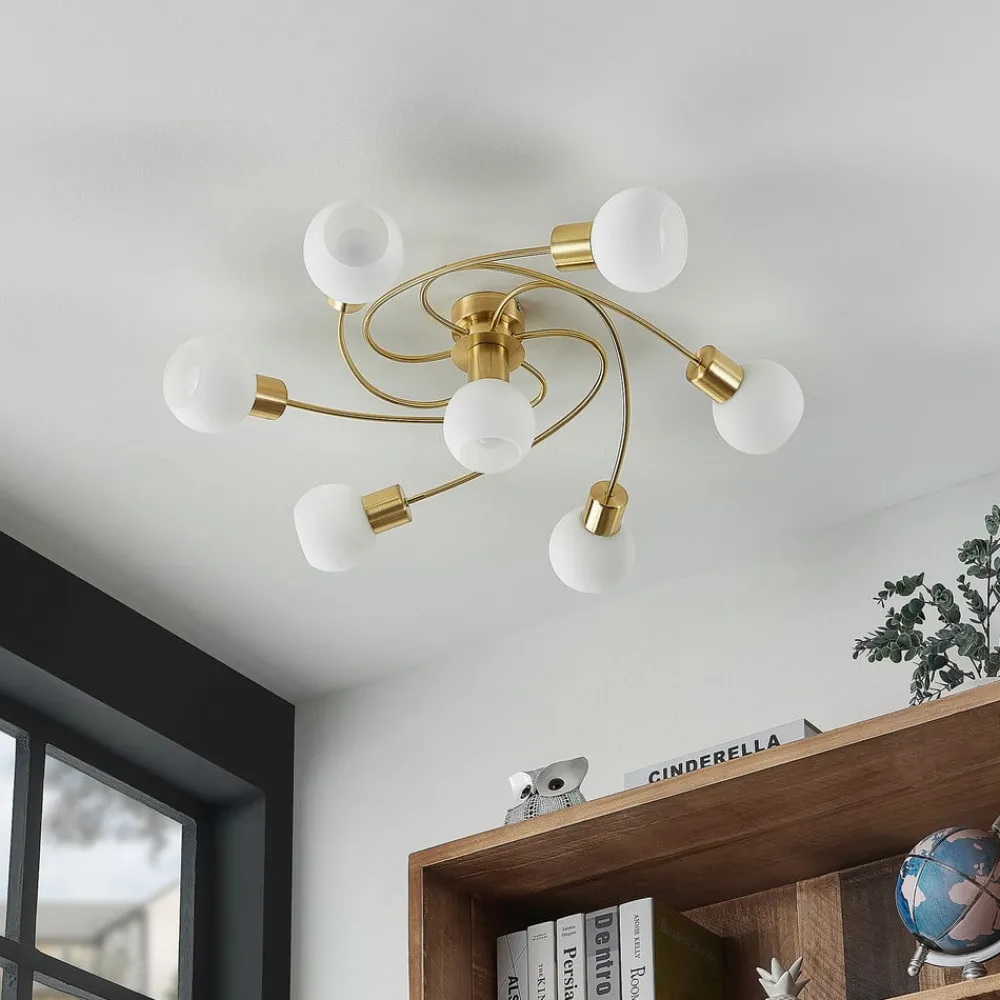 Gang|Loftlamper ^ Lindby loftlampe Ciala, 7 lyskilder, messingfarvet, glas