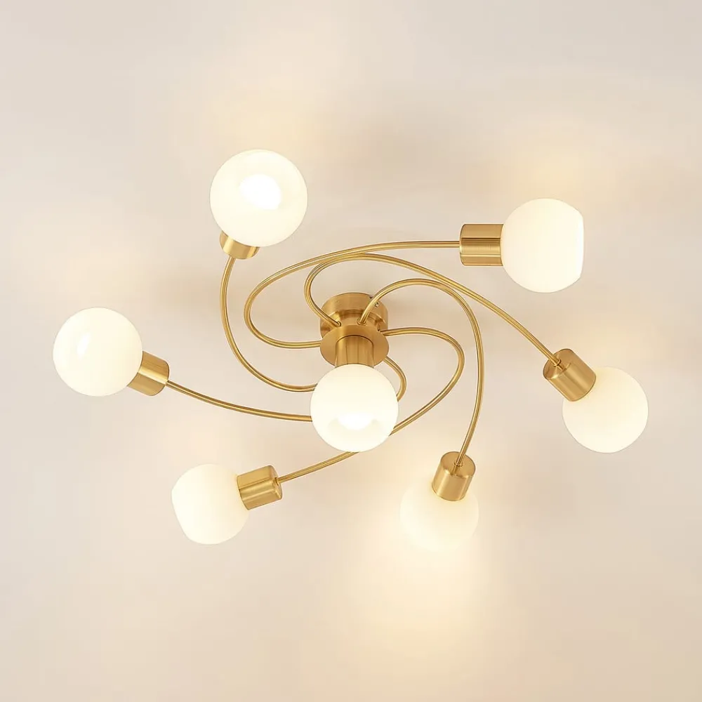 Gang|Loftlamper ^ Lindby loftlampe Ciala, 7 lyskilder, messingfarvet, glas