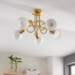 Loftlamper|Pendellamper ^ Lindby loftlampe Elaina, Ø50cm, 5 lyskilder, messing, glas, E14