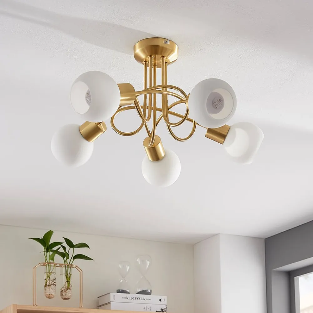 Loftlamper|Pendellamper ^ Lindby loftlampe Elaina, Ø50cm, 5 lyskilder, messing, glas, E14