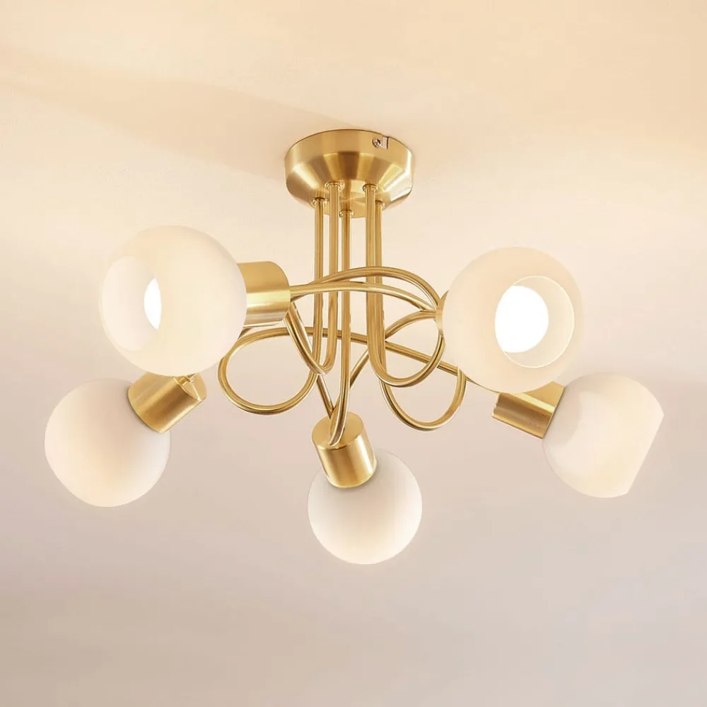 Loftlamper|Pendellamper ^ Lindby loftlampe Elaina, Ø50cm, 5 lyskilder, messing, glas, E14
