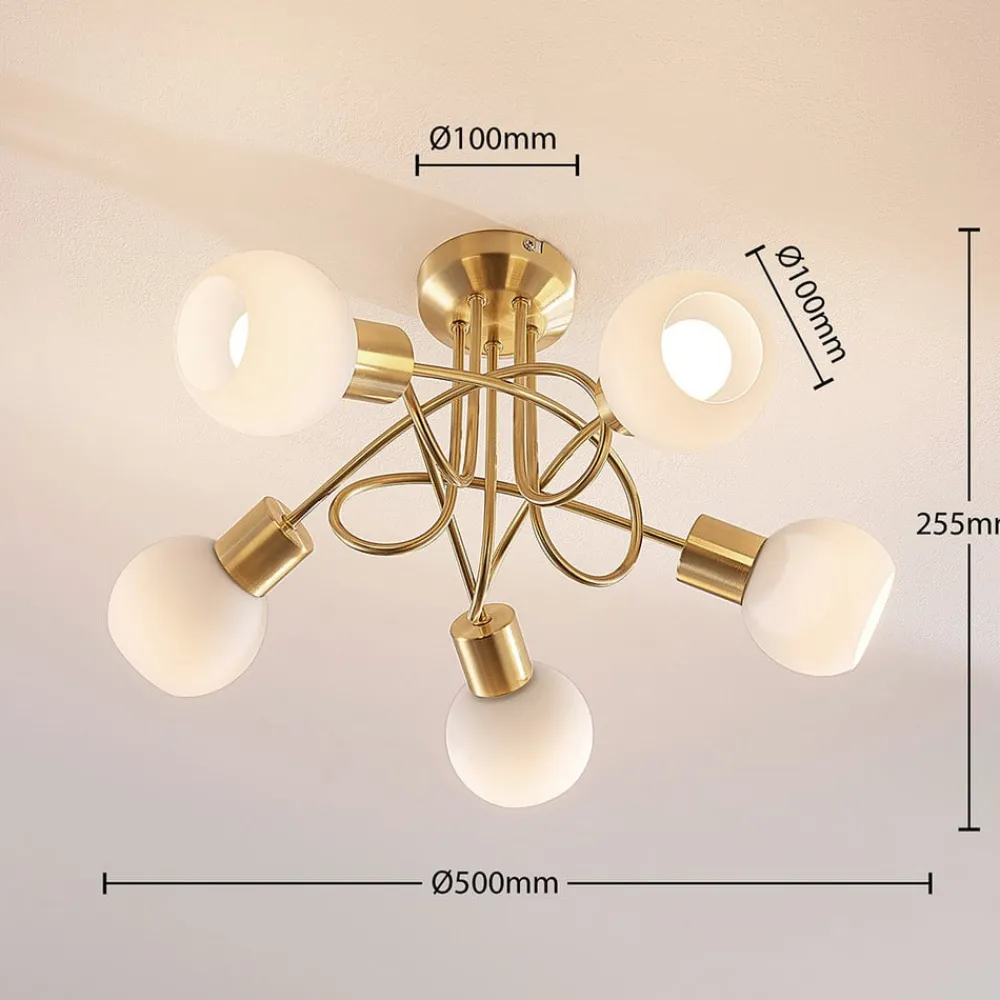 Loftlamper|Pendellamper ^ Lindby loftlampe Elaina, Ø50cm, 5 lyskilder, messing, glas, E14