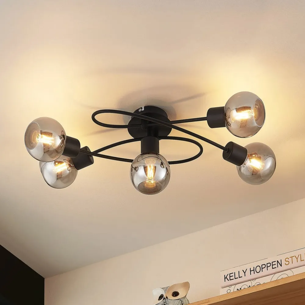 Loftlamper|Loftlamper ^ Lindby loftlampe Elaina, 66 cm, 5 lyskilder, sort/røget, E14