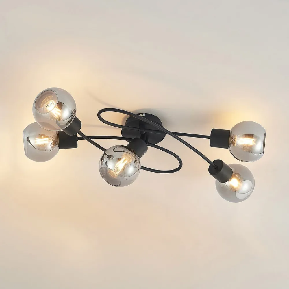 Loftlamper|Loftlamper ^ Lindby loftlampe Elaina, 66 cm, 5 lyskilder, sort/røget, E14