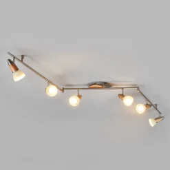 Spotlights ^ Lindby loftlampe Marena, 6 lyskilder, glas, træ, 180 cm lang