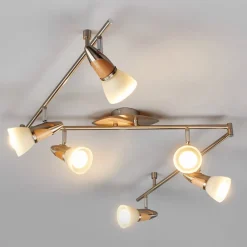 Spotlights ^ Lindby loftlampe Marena, 6 lyskilder, glas, træ, 180 cm lang